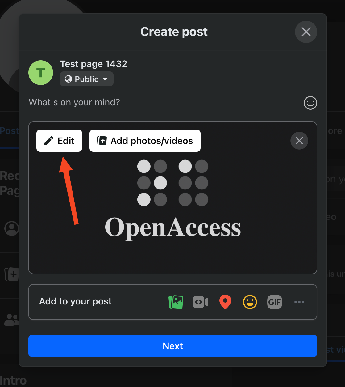 Red arrow pointing at 'Edit' button on a Facebook image post