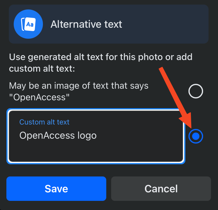 Facebook's alt text interface. A red arrow points to a radio button next to the alt text input field.