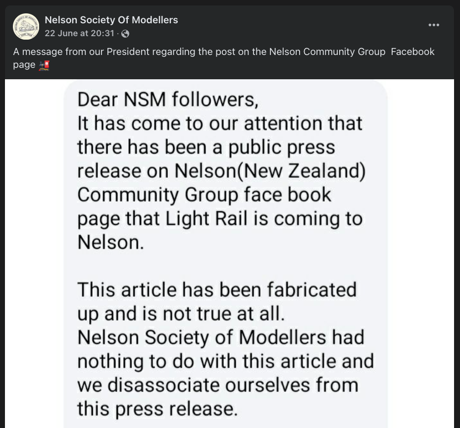 Nelson Society of Modellers Facebook post where the post's image contains a large amount of text.