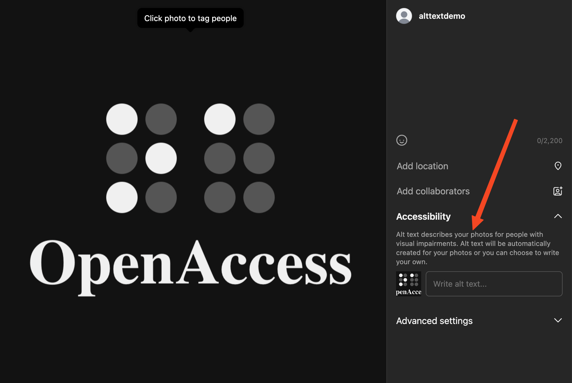 Red arrow pointing at alt text input on an Instagram post