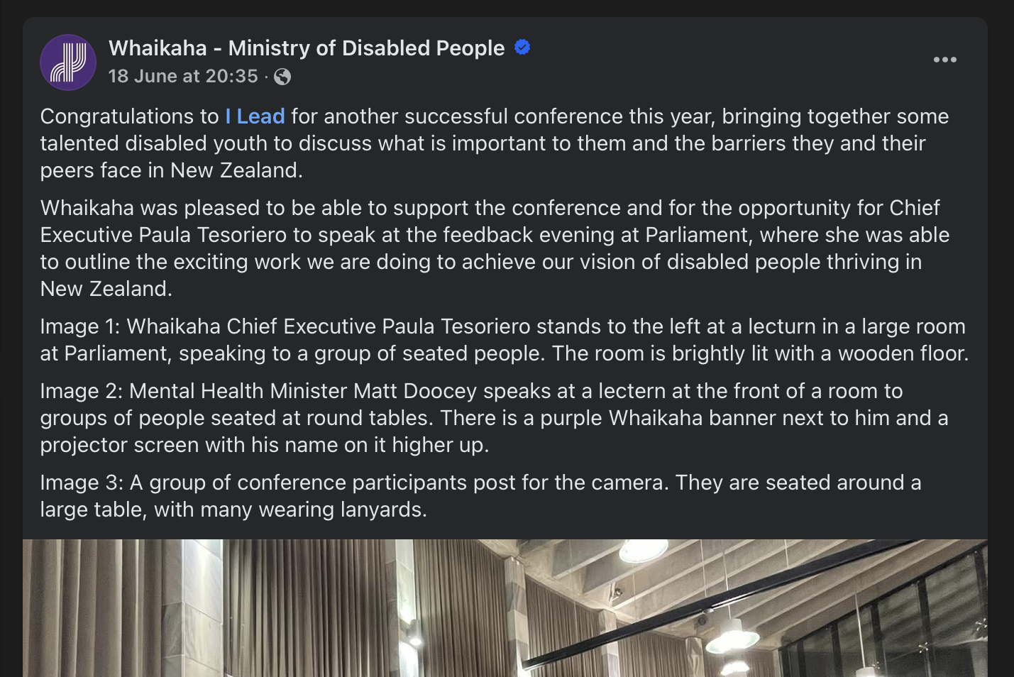 Whaikaha's Facebook post where the alt text descriptions are included as visible text in the post, rather than alternative text associated with the post's image.