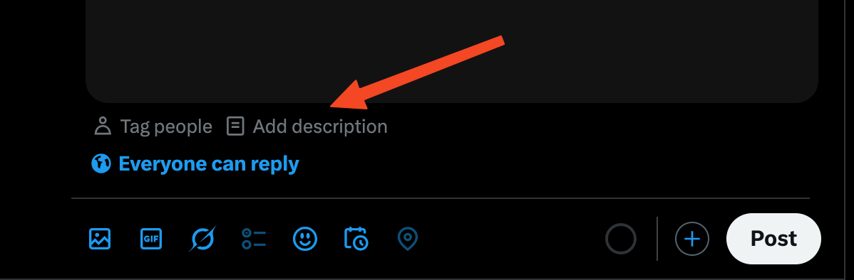 Red arrow pointing at 'Add description' button on an X image post