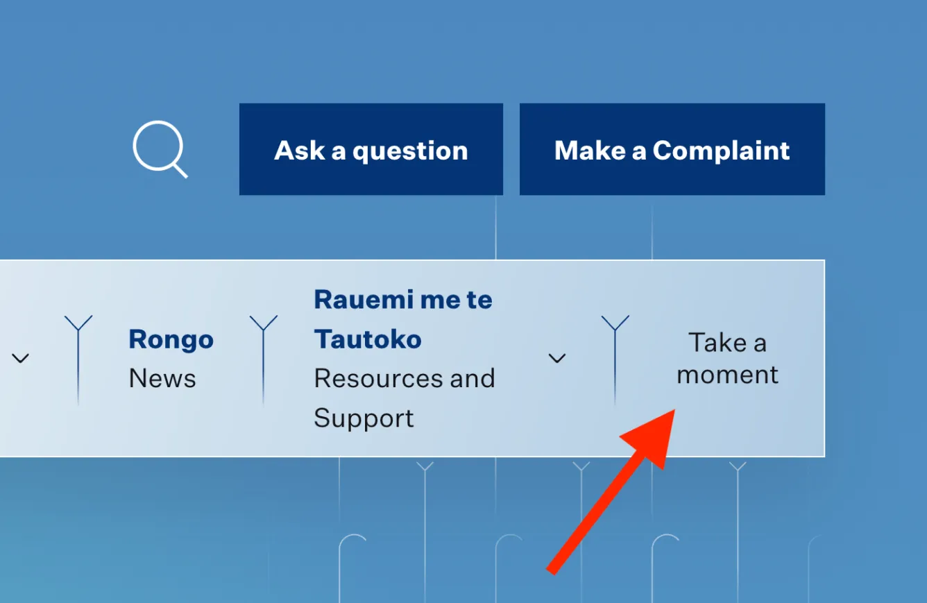 A red arrow points to the 'Take a moment' link in the Human Rights Commission website's navigation.