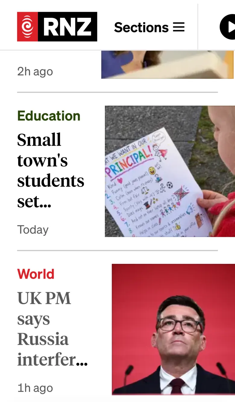 A narrow view of the RNZ homepage. Two news-story titles are cut off after several words, with ellipses replacing the rest of each headline.