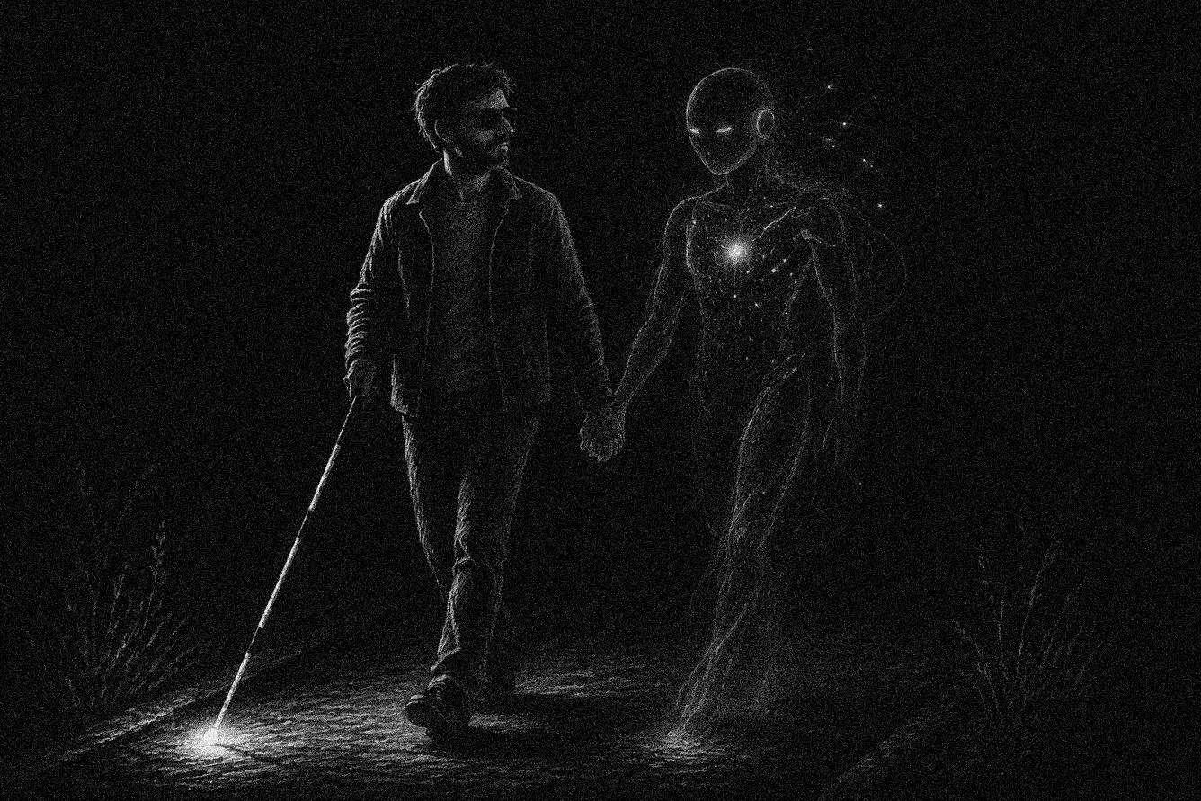 An illustration of a blind man with dark glasses and a white cane, walking hand-in-hand with a luminous, translucent humanoid figure that represents AI. They walk together through the darkness.