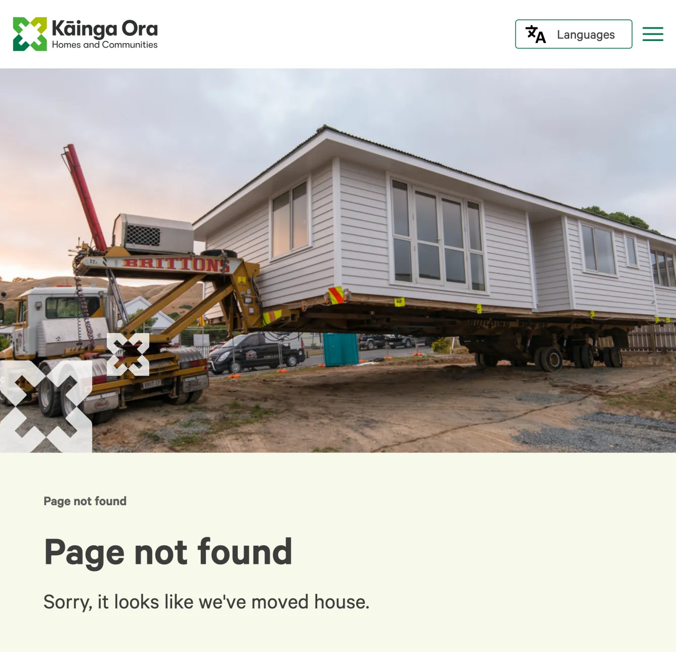 The Kāinga Ora website showing a Page not found message. The page says: Sorry, it looks like we've moved house.