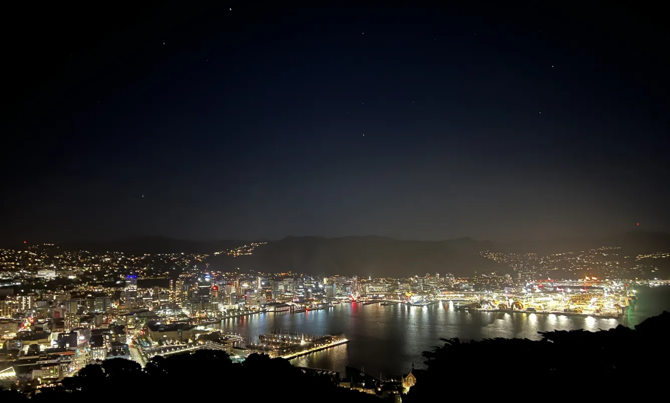 Wellington city and harbour at night, viewed from a hillside lookout. The city lights reflect on the water, with the dark silhouette of the hills behind.